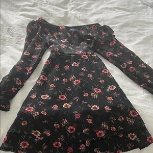 Floral Long-Sleeve Fit & Flare Dress - Black with Pink Floral